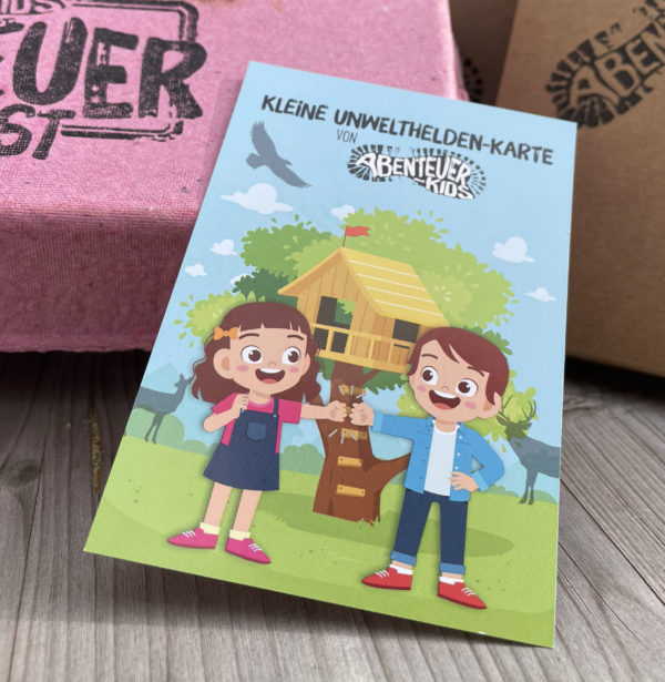 Umweltheldenkarte aus dem Abenteuerkids-Programm. Nachhaltigkeitstipp für Kinder. Erlebnisse für Draussenkinder und Abenteuer Kids.
