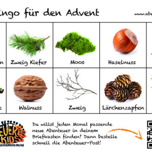 Advents-Natur‑Bingo – Winterliche Schätze entdecken Im Winter liegt die Natur still, aber sie hat trotzdem viel zu bieten! Mit unserem Adventsnatur‑Bingo können Kinder die Schätze der kalten Jahreszeit sammeln: Kiefern- und Lärchenzapfen, Tannenzweige, Moos, Nüsse, Rindenstückchen oder Misteln. Ihr nehmt einen Eierkarton, klebt das Bingo in den Deckel und sammelt draußen, was ihr findet. Zuhause kann alles noch einmal genau mit der Lupe betrachtet oder zum Basteln verwendet werden. Spielerisches Naturlernen fördert Kreativität, Beobachtungsgabe und Aufmerksamkeit – und macht einfach Freude. Studien zeigen: Kinder, die spielerisch die Natur erkunden, lernen nachhaltiger und entwickeln ein stärkeres Umweltbewusstsein.